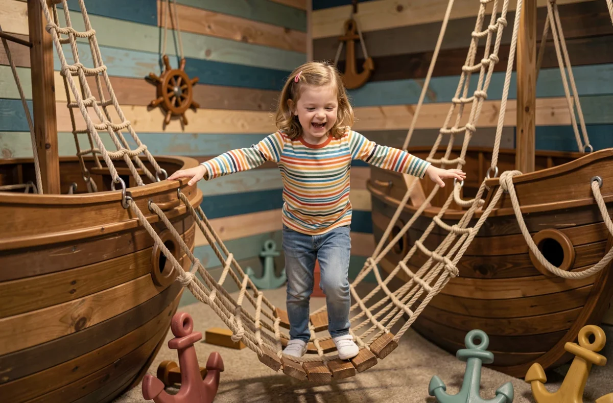 Petite fille jouant dans l'espace à thème pirate de La Récré des Pirates, aire de jeux couverte en Loir-et-Cher