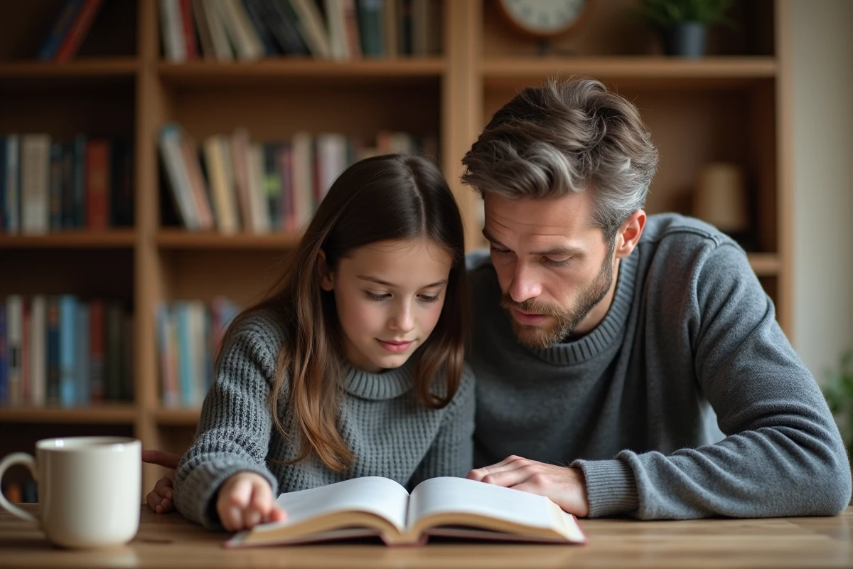 Père et adolescente partageant un moment d'apprentissage calme autour d'un livre dans un salon chaleureux