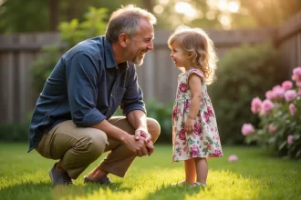 Père et fille partageant un moment de rire complice dans un jardin fleuri en été