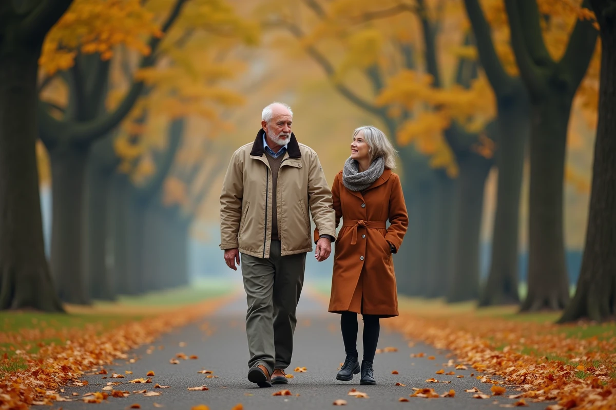 Père âgé et fille adulte se promenant ensemble sur un chemin automnal parsemé de feuilles dorées