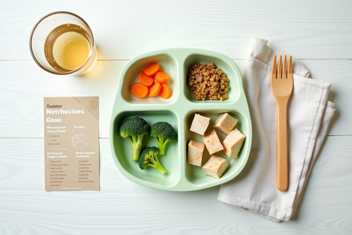 Vue du dessus d'un repas équilibré pour tout-petit avec viande maigre, légumes vapeur et légumineuses sur assiette en silicone