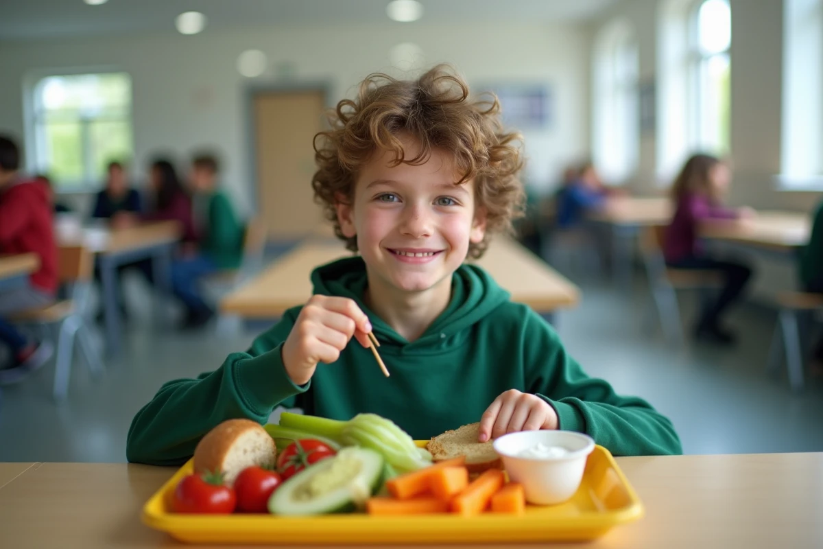 Enfant mangeant un repas sain et équilibré à la cantine scolaire avec fruits et légumes
