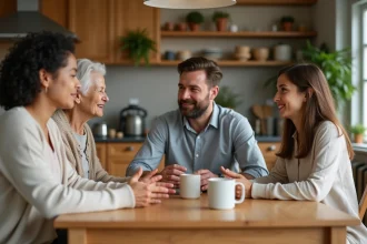 Famille réunie autour d'une table de cuisine pour résoudre un conflit familial dans une atmosphère calme et bienveillante