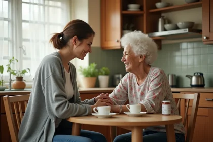 Une femme adulte aide sa mère âgée à la maison, illustrant les responsabilités des enfants envers leurs parents