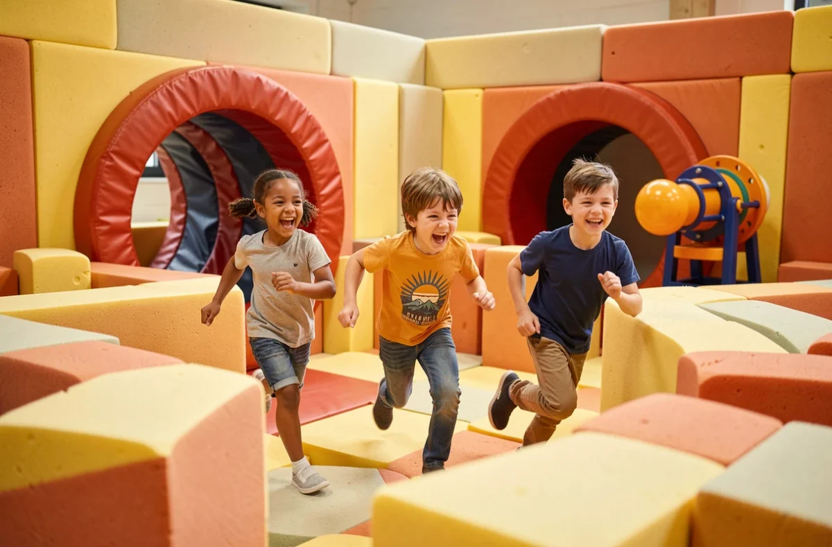 Enfants courant dans un labyrinthe de mousse coloré à Romainland, parc de jeux intérieur près de Blois