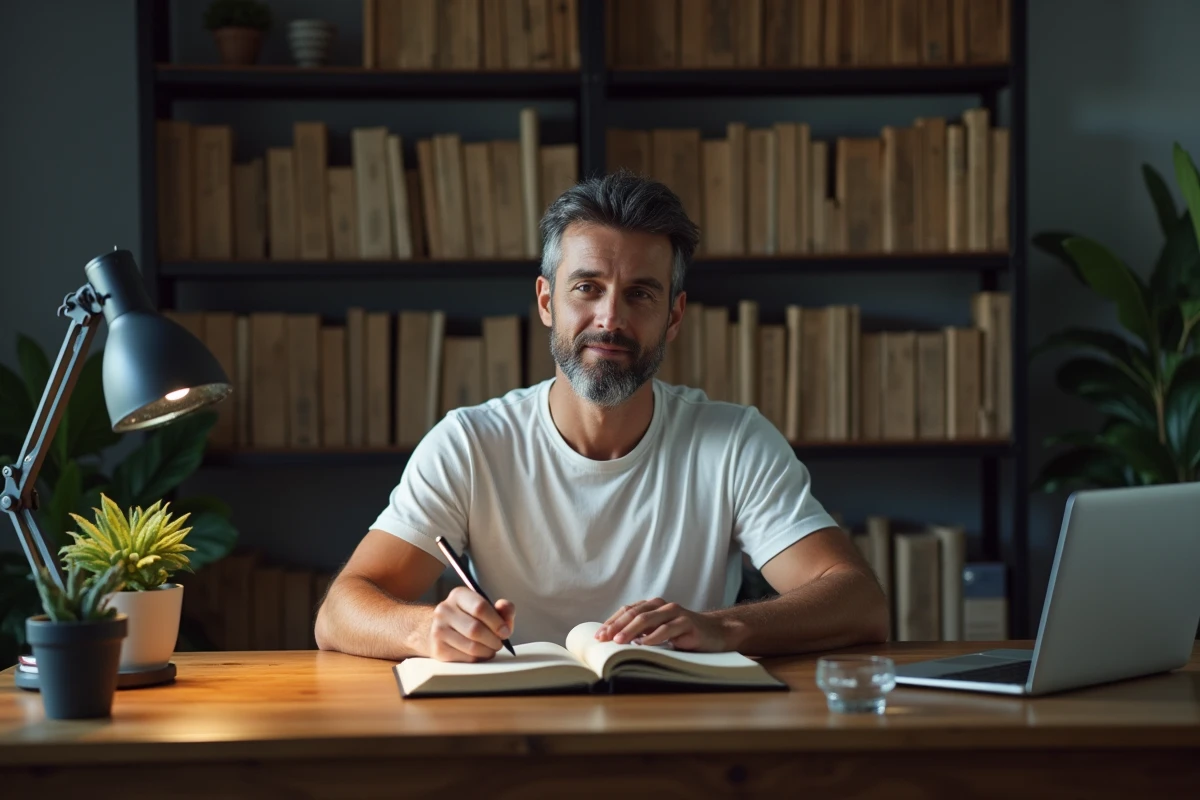 Homme écrivant dans un journal à son bureau à domicile, symbolisant une routine quotidienne d'écriture et d'organisation personnelle
