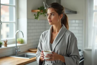 Femme en robe de chambre tenant une tasse de café dans une cuisine moderne, illustrant une routine matinale apaisante