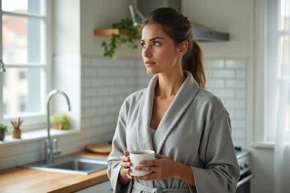 Femme en robe de chambre tenant une tasse de café dans une cuisine moderne, illustrant une routine matinale apaisante