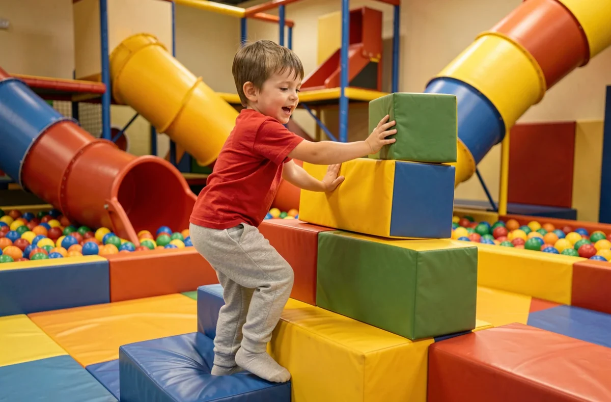 Jeune garçon grimpant sur une structure de jeux colorée chez Royal Kids Orléans, parc de jeux indoor dans le Loiret