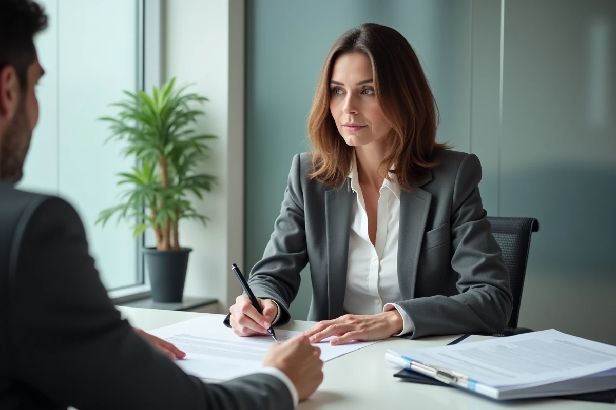 Femme signant une procuration notariée pour une succession dans un bureau moderne
