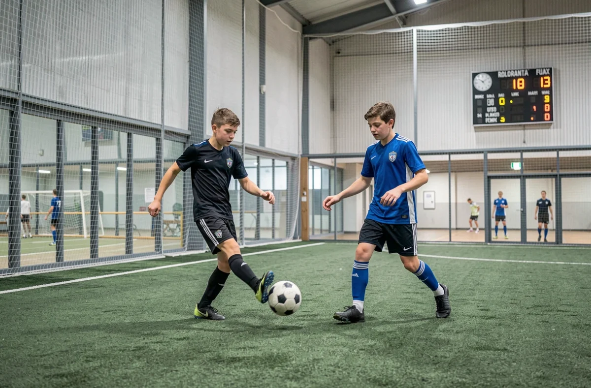 Deux adolescents jouant au football en salle sur un terrain en gazon synthétique à Sport Indoor Concept, Romorantin-Lanthenay