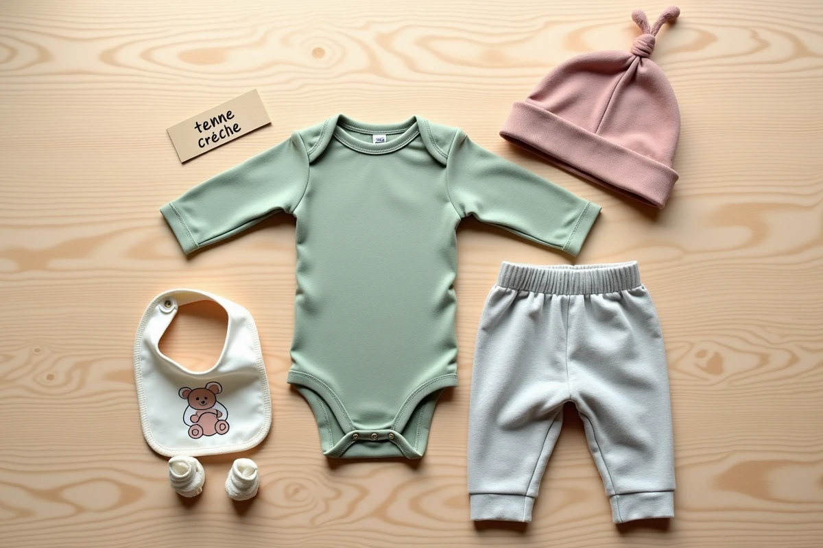 Tenue complète pour bébé à la crèche posée à plat : body en coton bio, pantalon polaire, chaussettes antidérapantes et bonnet