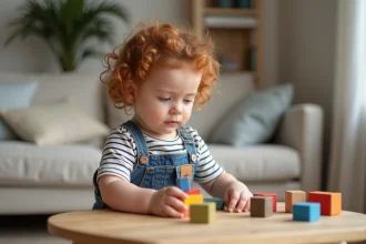 Petite fille de 2 ans concentrée qui empile des cubes en bois colorés lors d'un saut de développement