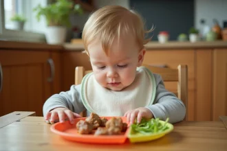 Tout-petit assis dans une chaise haute mangeant des morceaux de viande et de légumes dans une cuisine familiale