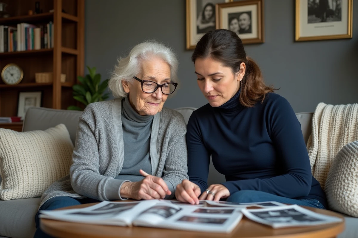 Grand-mère et sa fille adulte parcourant des photos de famille sur un canapé, illustrant la mission de mémoire et de transmission des valeurs familiales