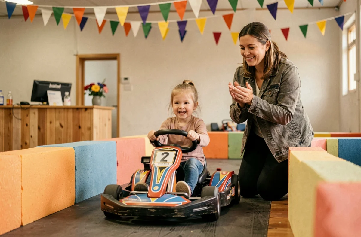 Mère encourageant sa fille sur un mini circuit de kart indoor à La Vallée des Rois, loisirs couverts à Ballan-Miré