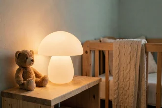 Veilleuse lumineuse musicale en forme de champignon posée sur une étagère en bois dans une chambre de bébé apaisante