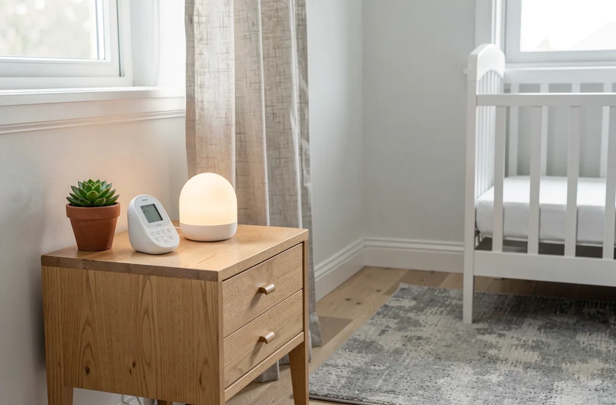 Veilleuse musicale design minimaliste en silicone sur une table de nuit style scandinave dans une chambre épurée