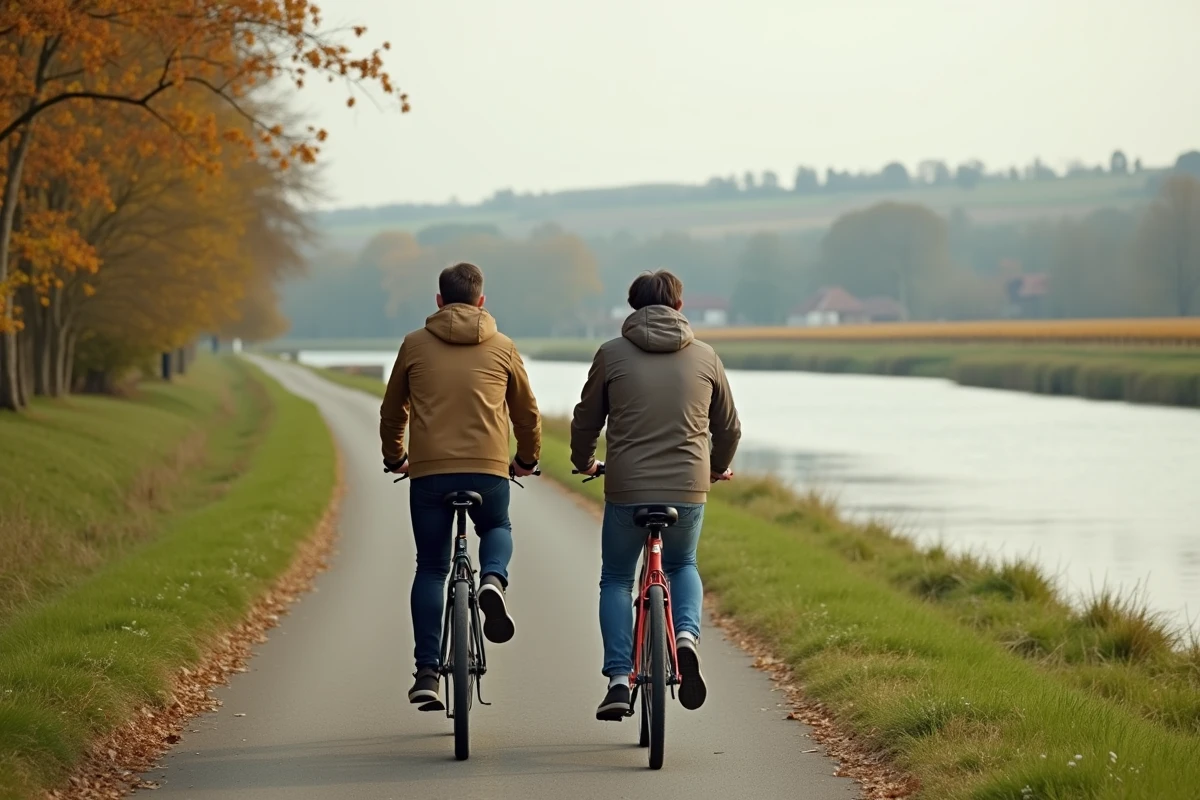 Couple à vélo sur les bords de Loire en automne, région Centre-Val de Loire, cadre de vie idéal