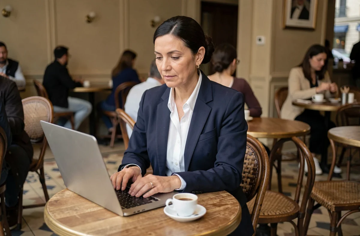 Femme journaliste travaillant sur un ordinateur portable dans un café parisien, symbolisant la recherche d'informations vérifiées sur des personnalités publiques