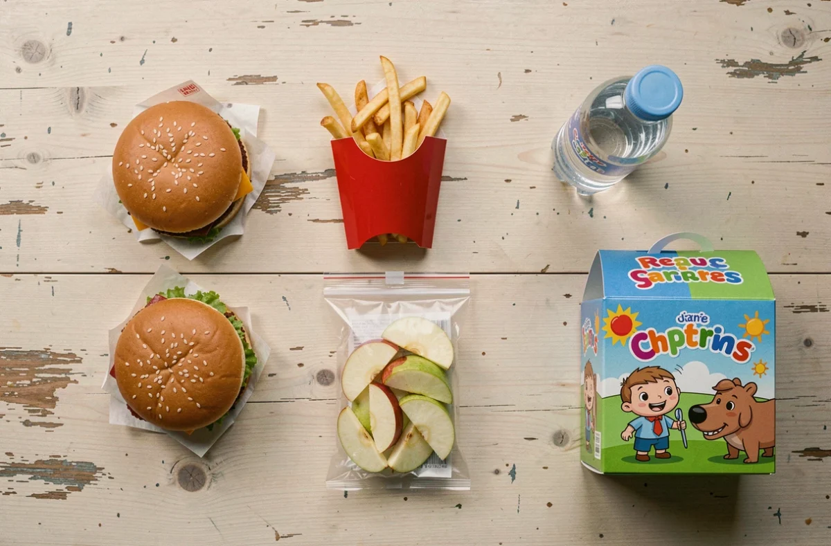 Vue aérienne des composants d'un Happy Meal France : burger, frites, pommes, eau et jouet sur table en bois